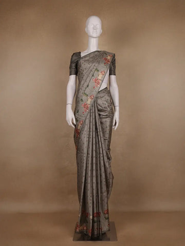 Smoky Grey Floral Design Tussar Silk Saree - Diadem