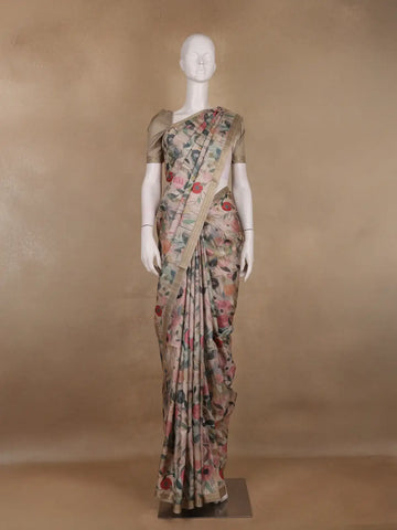 Soft Beige Floral Design Tussar Silk Saree - Diadem