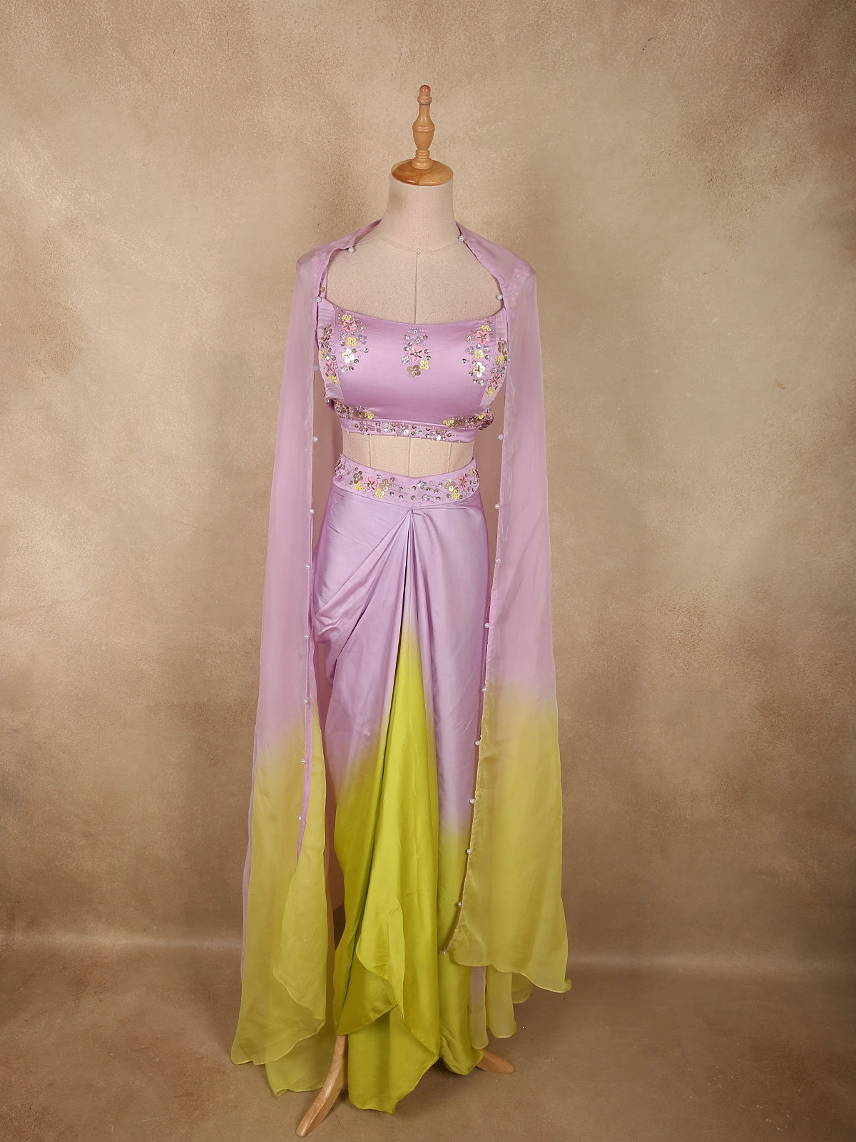 Soft Lilac Lavender and Lime Green Sequins And Beads Embroidered Design  Satin Indo Western Skirt Top
