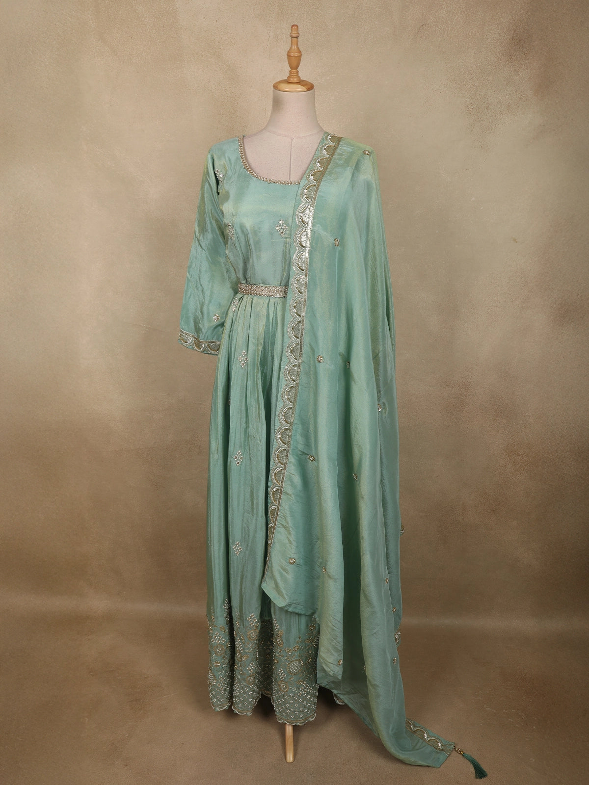 Soft Mint Green Beads and Zari Embroidered Design Semi Silk Gown with  Dupata | Diadem