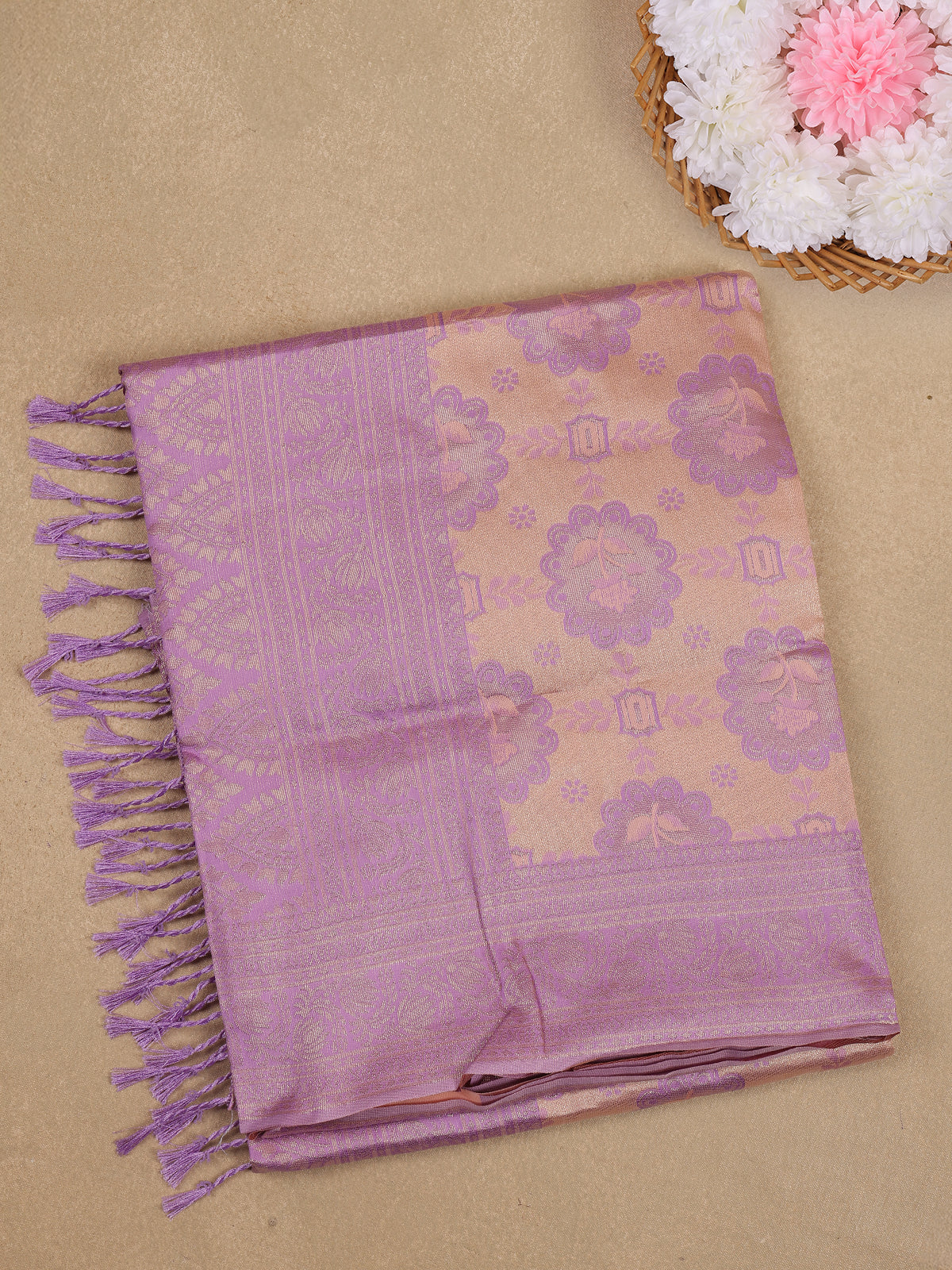 Soft Peach Floral Woven Art Silk Saree with Lavender Border