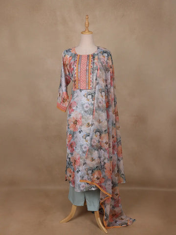 Soft Grey Multi-Floral Printed Straight Cut Salwar Suit - Diadem
