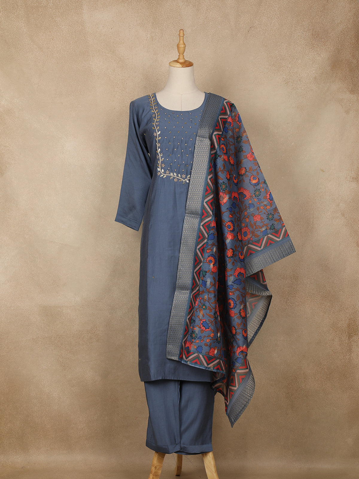 Steel Blue Floral Embroidered Design Semi Silk Salwar Suit