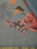 Steel Blue Floral Printed Cotton Saree with Subtle Golden Zari Border