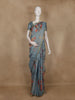 Steel Blue Floral Printed Cotton Saree with Subtle Golden Zari Border
