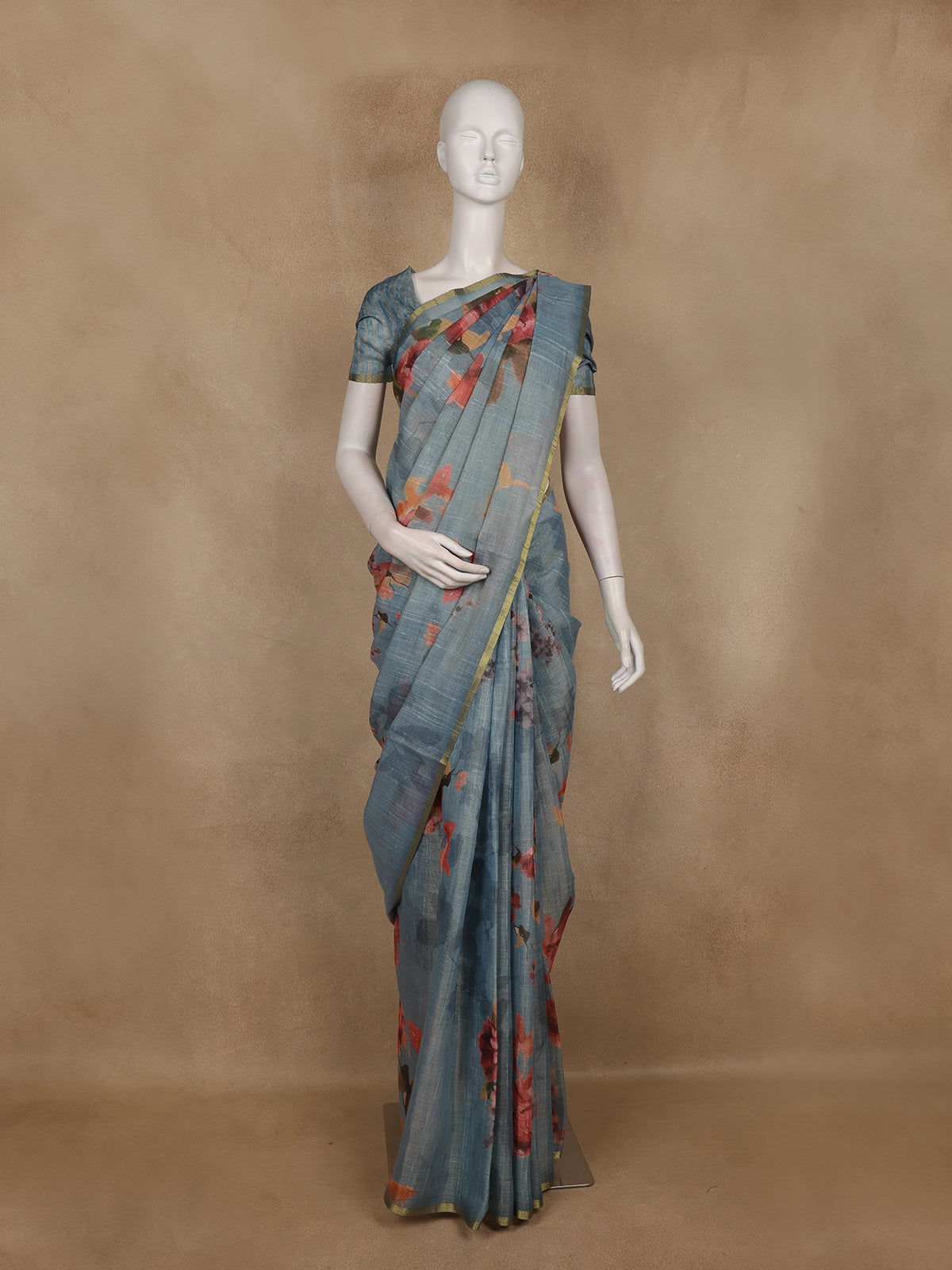 Steel Blue Floral Printed Cotton Saree with Subtle Golden Zari Border