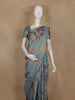 Steel Blue Floral Printed Cotton Saree with Subtle Golden Zari Border