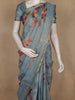 Steel Blue Floral Printed Cotton Saree with Subtle Golden Zari Border