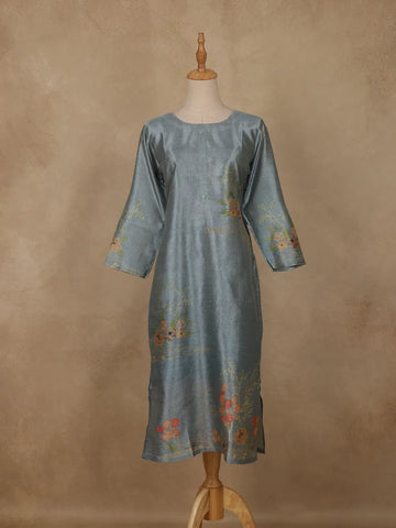 Steel Blue Floral Printed Rayon Kurti - Diadem