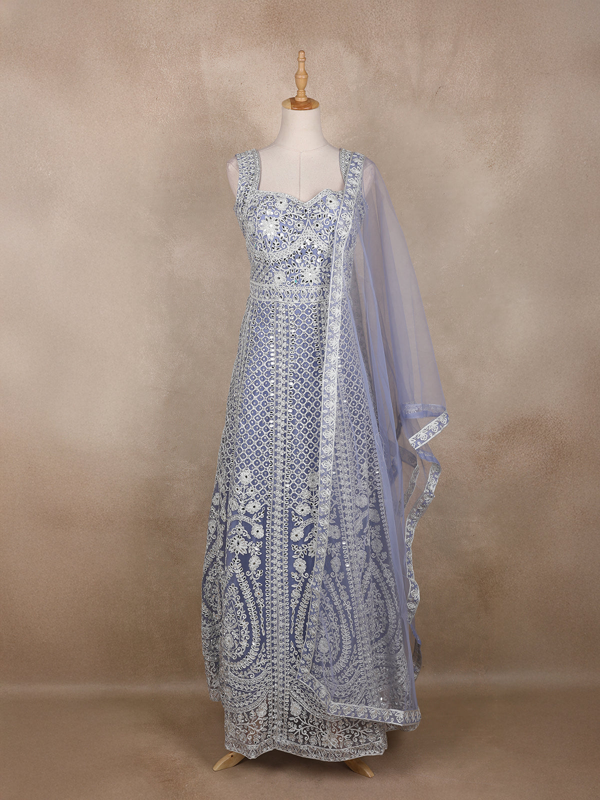 Steel Blue Geometric Embroidered Design Net Gown