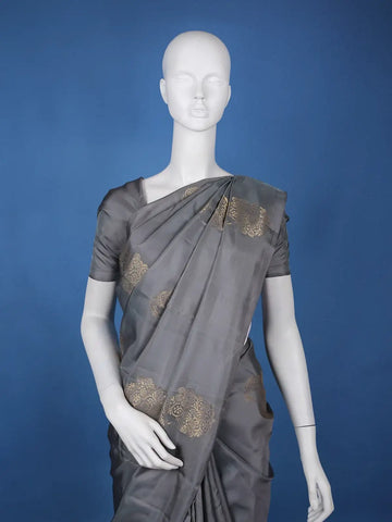 Steel Grey Floral Design Zari Woven Soft Silk Saree - Diadem