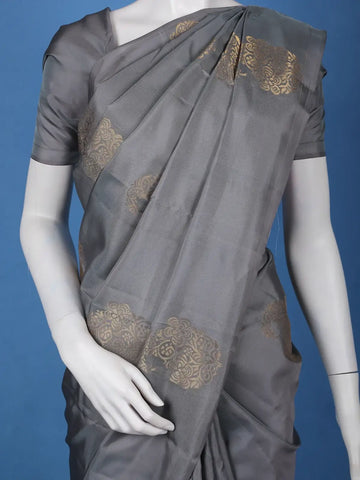 Steel Grey Floral Design Zari Woven Soft Silk Saree - Diadem