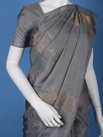 Steel Grey Floral Design Zari Woven Soft Silk Saree - Diadem