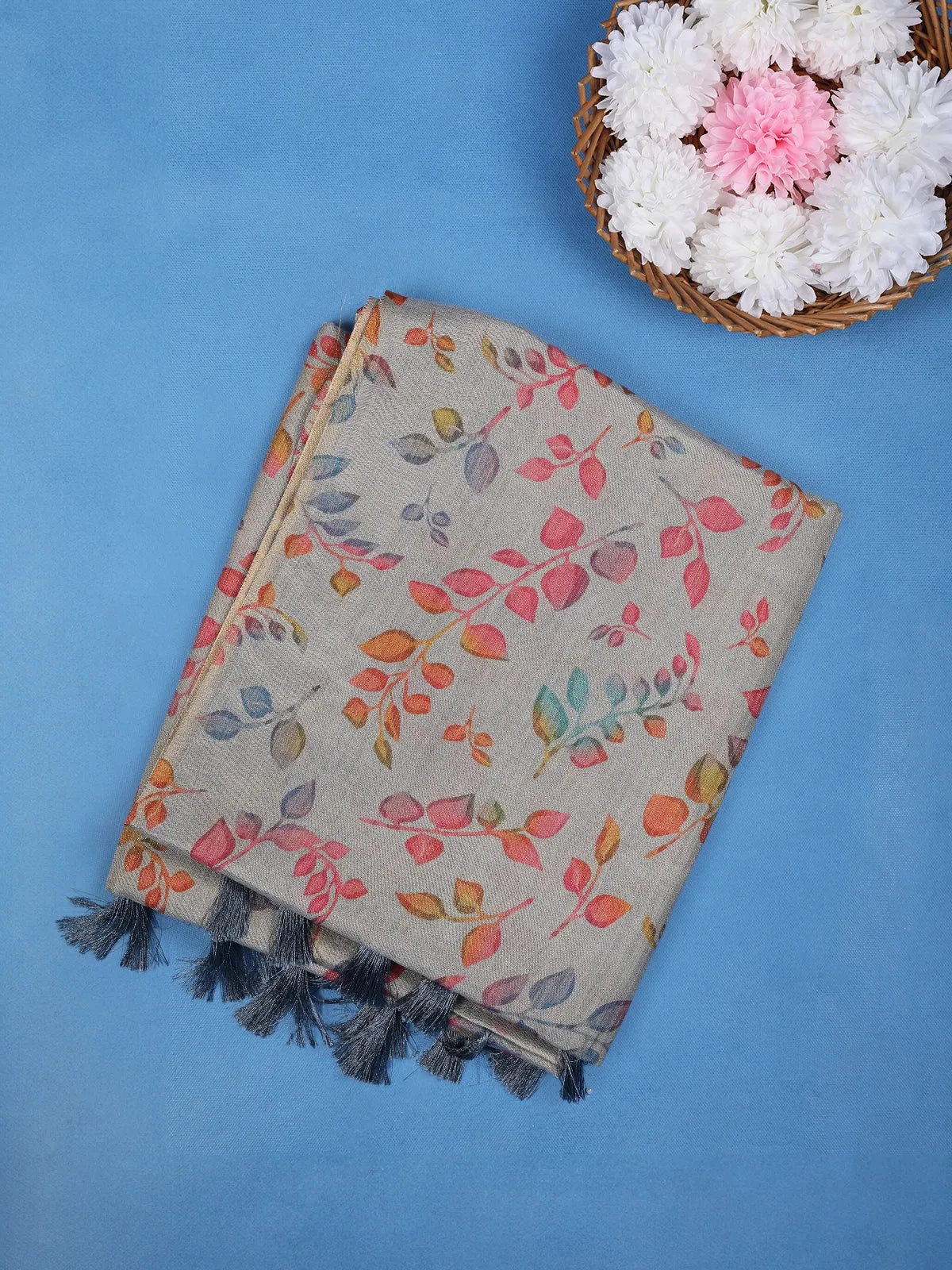 Stone Grey Multicolor Leaf Print Cotton Saree - Diadem