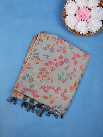 Stone Grey Multicolor Leaf Print Cotton Saree - Diadem
