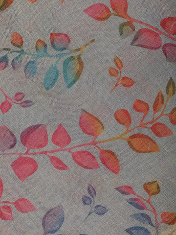 Stone Grey Multicolor Leaf Print Cotton Saree - Diadem