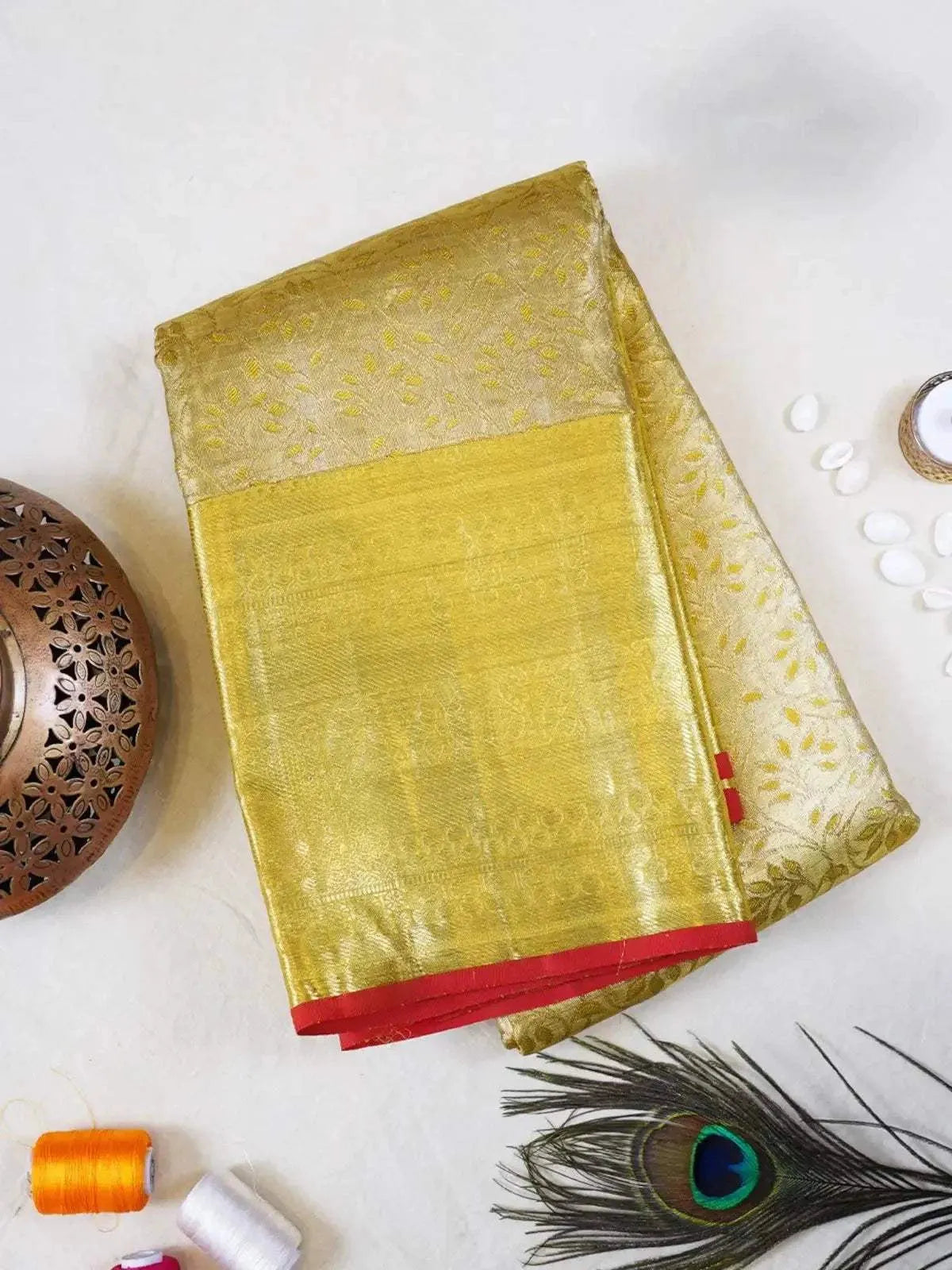 Gold Pure Kanchipuram Bridal Korvai Silk Saree with Zari Flower Motifs & Design Border - Diadem