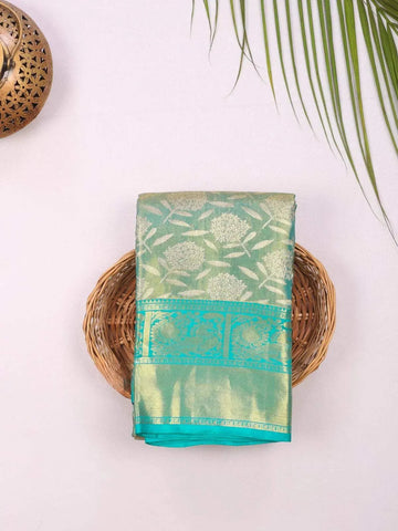 Teal Green Pure Kanchipuram Bridal Silk Saree with Floral Motif & Zari Border - Diadem