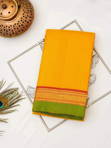 Mustard Yellow Pure Kanchipuram Pattu Saree with Plain Body and Double Color Zari Border - Diadem