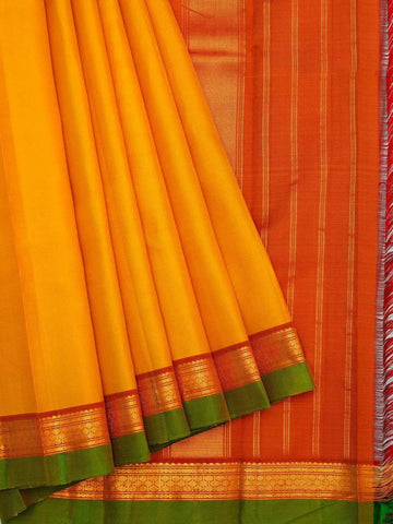 Mustard Yellow Pure Kanchipuram Pattu Saree with Plain Body and Double Color Zari Border - Diadem