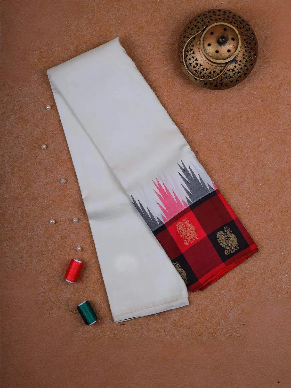 White Pure Kanchipuram Silk Saree with Plain Design on the Body with Peacock Border - Diadem