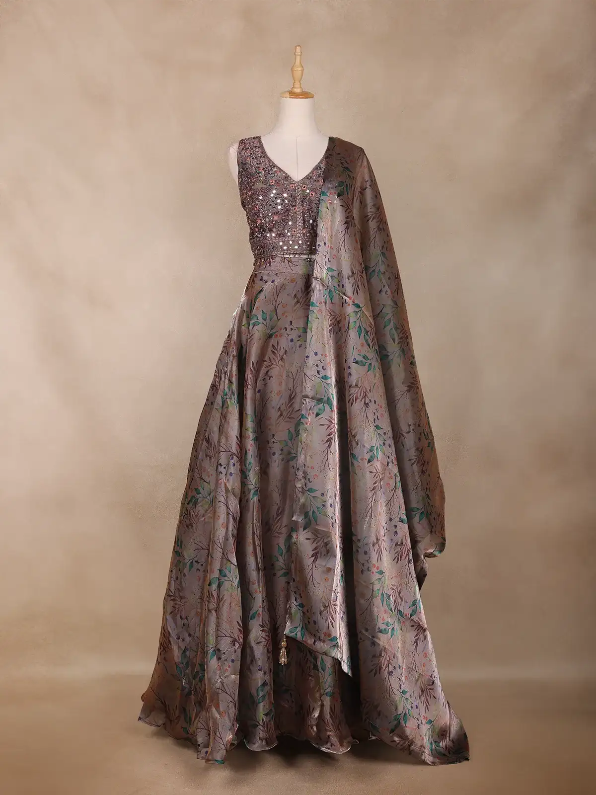 Taupe Grey Floral Design Organza Lehenga - Diadem