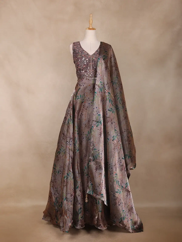 Taupe Grey Floral Design Organza Lehenga - Diadem