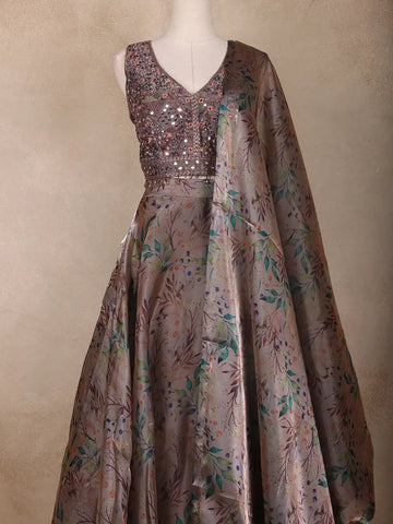 Taupe Grey Floral Design Organza Lehenga - Diadem
