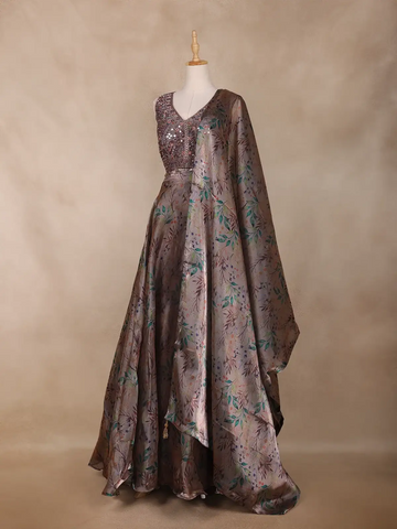 Taupe Grey Floral Design Organza Lehenga - Diadem