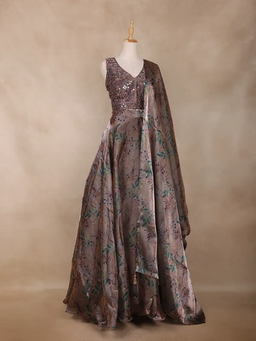 Taupe Grey Floral Design Organza Lehenga - Diadem