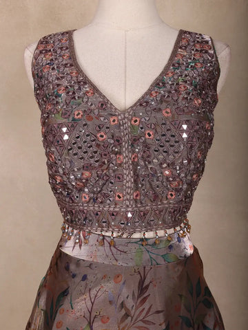 Taupe Grey Floral Design Organza Lehenga - Diadem