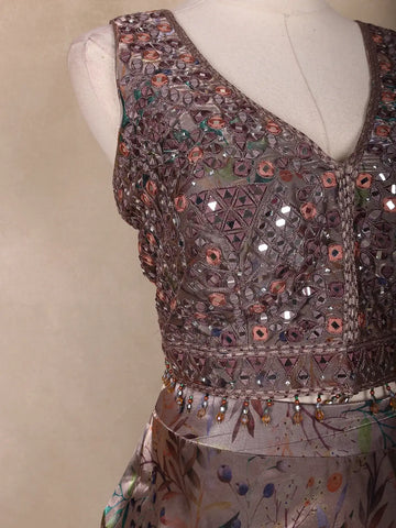 Taupe Grey Floral Design Organza Lehenga - Diadem