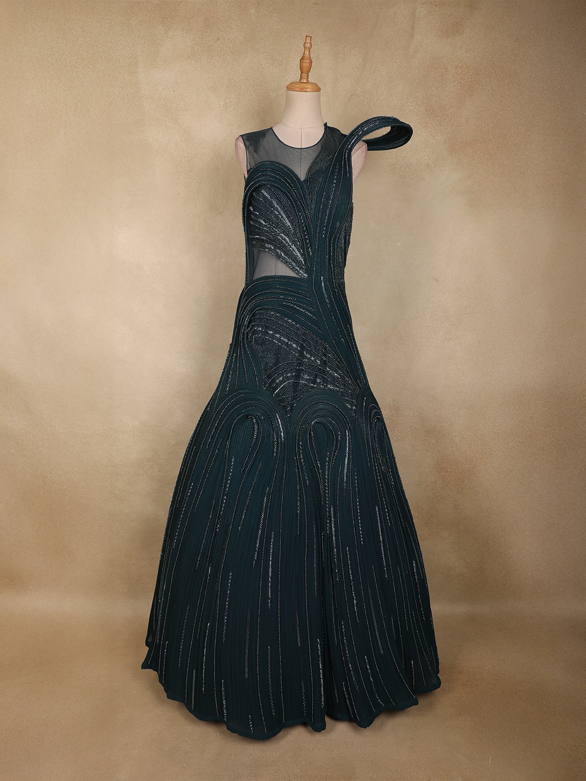 Teal Blue Beads Embellished Cascade Couture Design Net Party Wear Gown | Diadem Teal Blue Beads Embellished Cascade Couture Design Net Party Wear Gown | Diadem