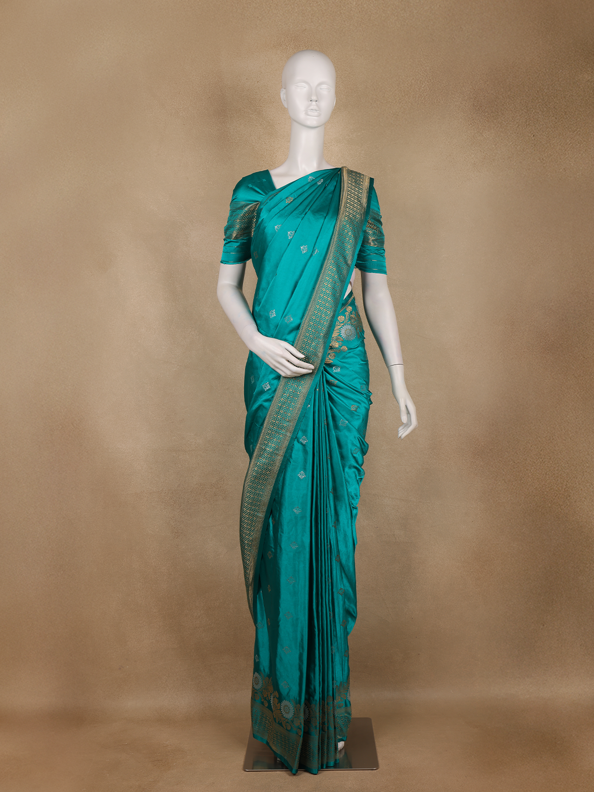 Teal Blue Butta Woven Design Semi Banarasi Silk Saree