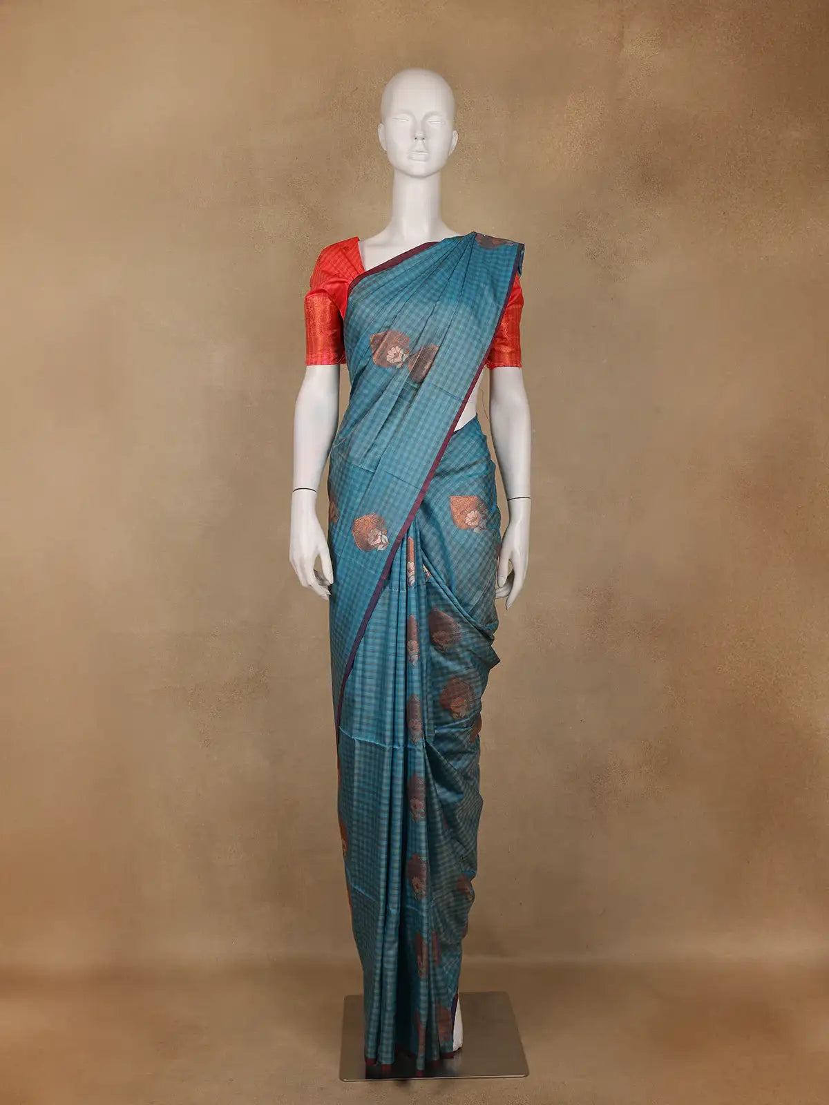 Teal Blue Checked Soft Silk Saree With Contrast Red Zari Blouse - Diadem