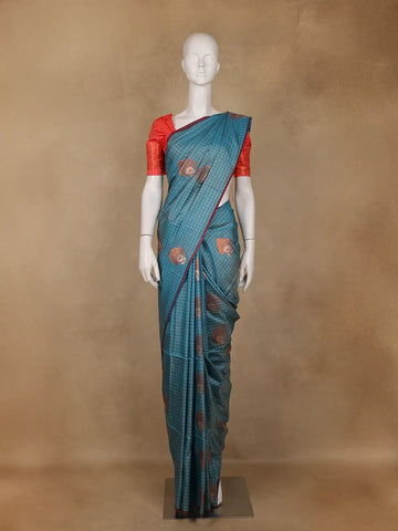 Teal Blue Checked Soft Silk Saree With Contrast Red Zari Blouse - Diadem