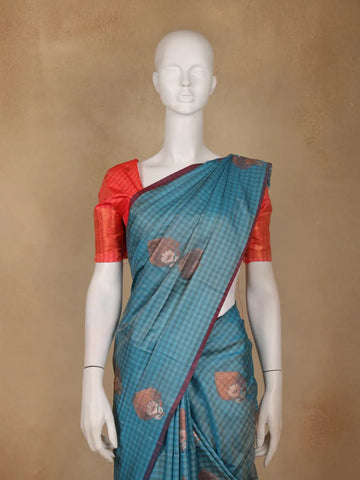 Teal Blue Checked Soft Silk Saree With Contrast Red Zari Blouse - Diadem
