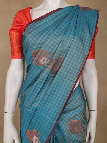 Teal Blue Checked Soft Silk Saree With Contrast Red Zari Blouse - Diadem