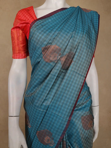 Teal Blue Checked Soft Silk Saree With Contrast Red Zari Blouse - Diadem