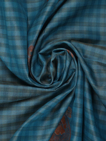 Teal Blue Checked Soft Silk Saree With Contrast Red Zari Blouse - Diadem