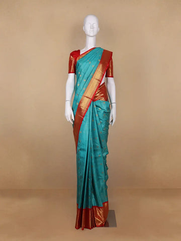 Teal Blue Checks And Annapakshi Motif Woven Pure Kanchipuram Silk Saree With Contrast Red Zari Border - Diadem