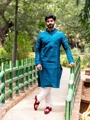 Teal Blue Diamond Sequin Embroidered Cotton Kurta Set - Diadem