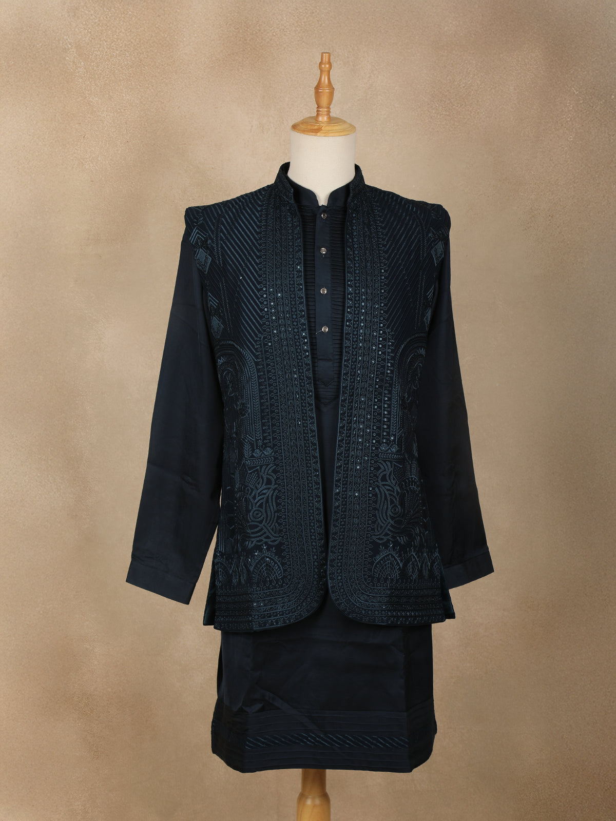 Teal Blue Embroidered Design Brocade Kurta Pyjama