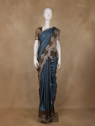 Teal Blue Floral Butta Design Pure Tussar Silk Saree - Diadem