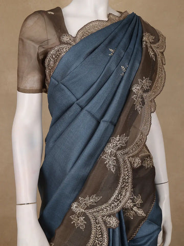 Teal Blue Floral Butta Design Pure Tussar Silk Saree - Diadem