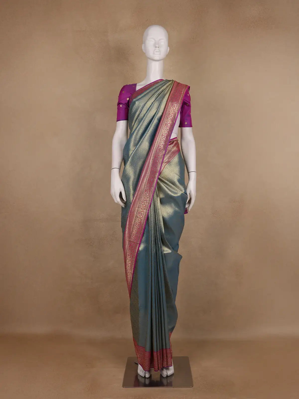 Teal Blue Floral Design Banarasi Silk Saree - Diadem
