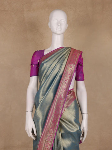 Teal Blue Floral Design Banarasi Silk Saree - Diadem