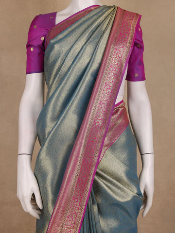 Teal Blue Floral Design Banarasi Silk Saree - Diadem