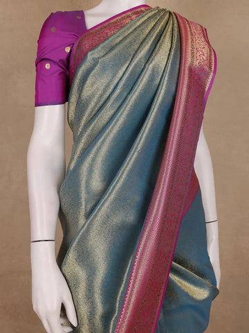 Teal Blue Floral Design Banarasi Silk Saree - Diadem
