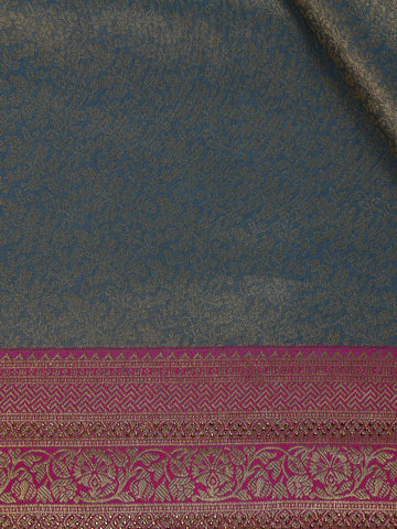 Teal Blue Floral Design Banarasi Silk Saree - Diadem